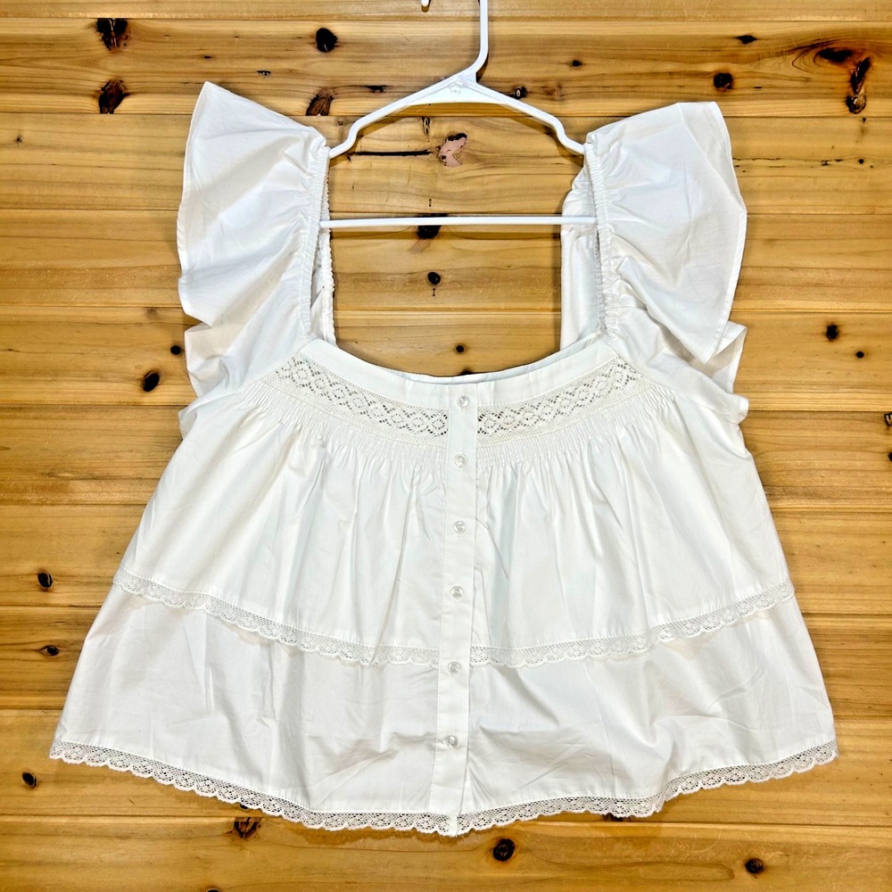 NEW By Together Top Womens Large White Zira Button Down Babydoll Lace Trim Shirt